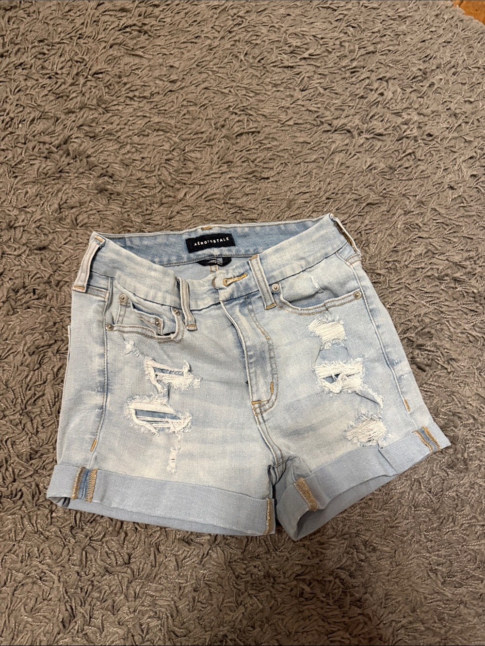 Aeropostale Light Blue Distressed Rolled Cuff Denim Shorts